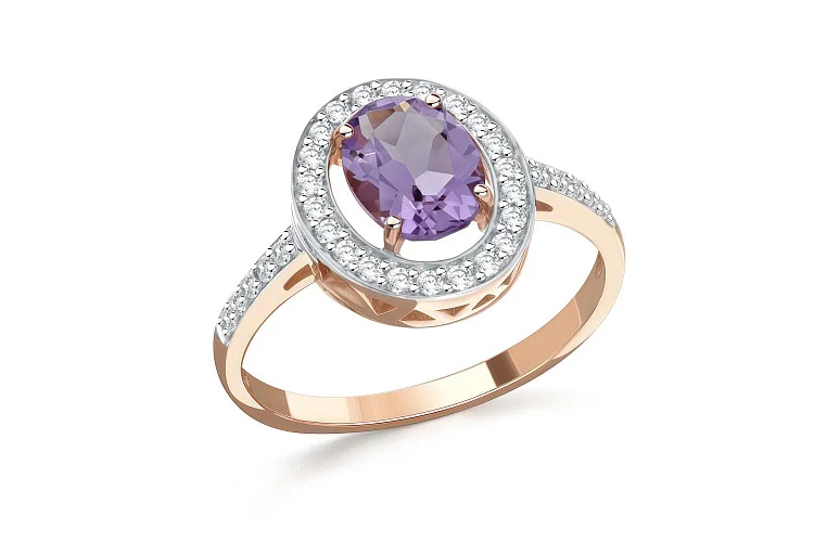 Кольцо из красного золота с аметистом и 32 фианитами