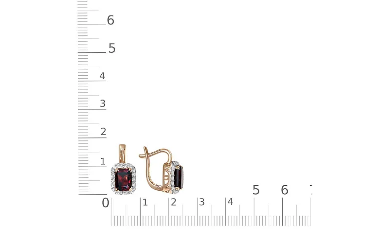 Серьги из красного золота с 2 гранатами и 36 фианитами
