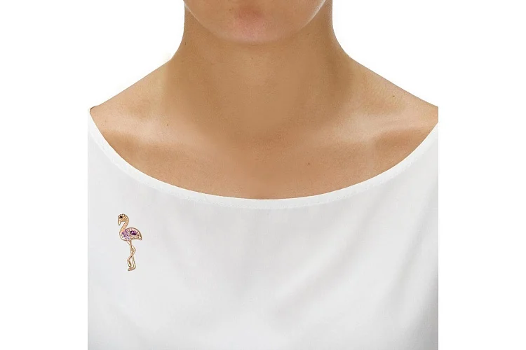 Брошь Фламинго из красного золота с родолитами, фианитами и аметистами