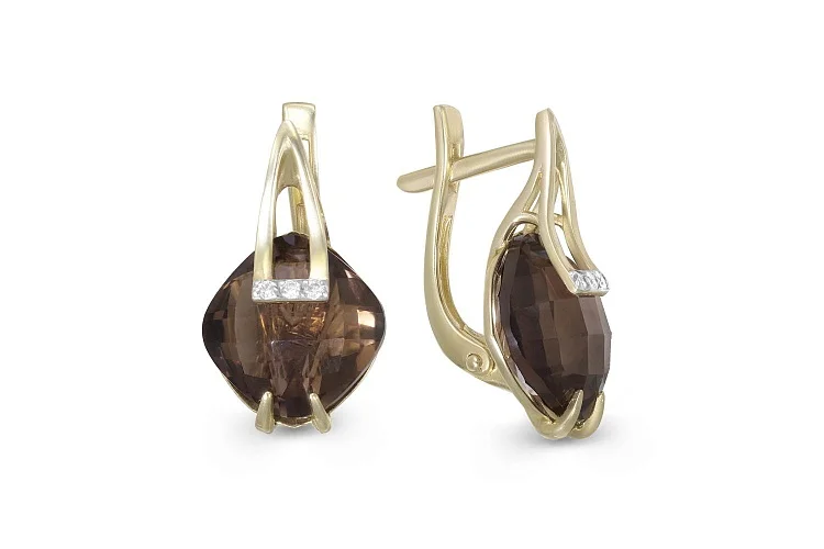 Серьги из жёлтого золота с 2 раухтопазами и 6 фианитами