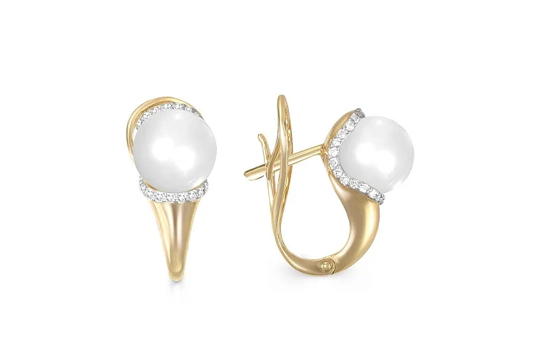 Серьги из жёлтого золота с 2 жемчужинами и 60 бриллиантами