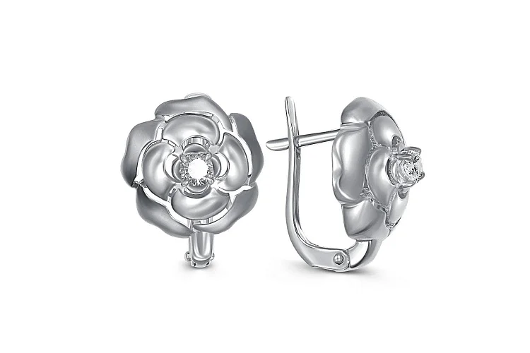 Серьги Цветы из белого золота с 2 фианитами