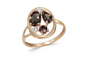 Кольцо из красного золота с 3 раухтопазами и 2 фианитами