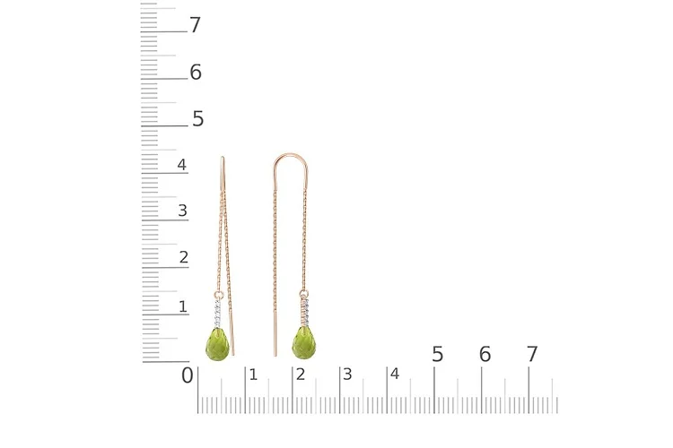 Серьги-продёвки из красного золота с 2 хризолитами и 10 фианитами