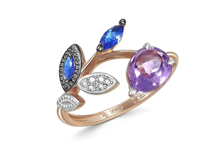 Кольцо Веточка из красного золота с аметистом и 8 фианитами