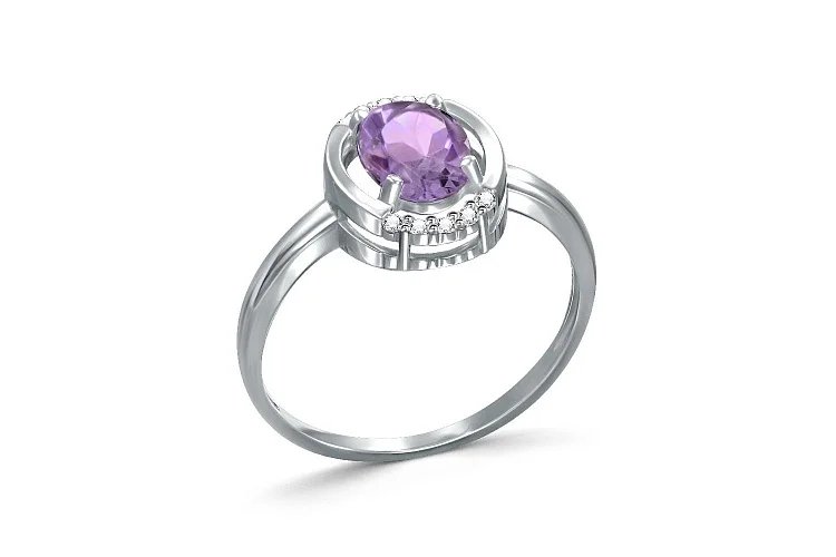 Кольцо из белого золота с аметистом и 10 фианитами