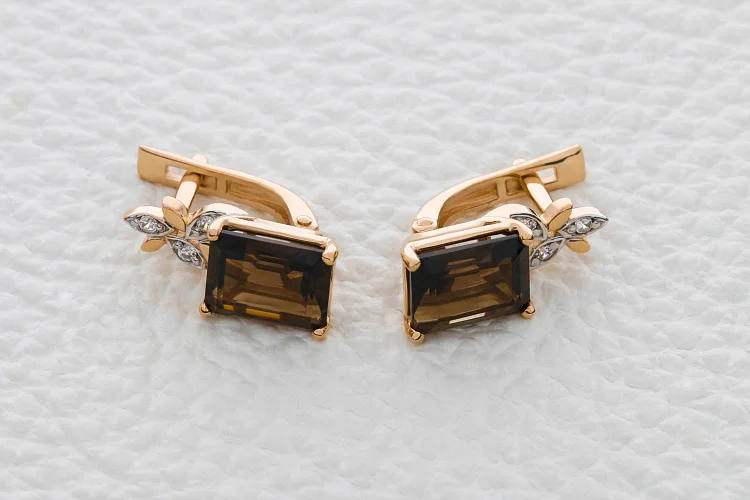 Серьги Цветы из красного золота с 2 раухтопазами и 6 фианитами