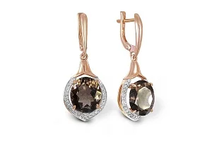 Серьги из красного золота с 2 раухтопазами и 54 фианитами