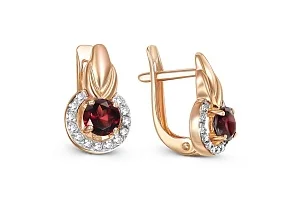 Серьги из красного золота с 2 гранатами и 26 фианитами