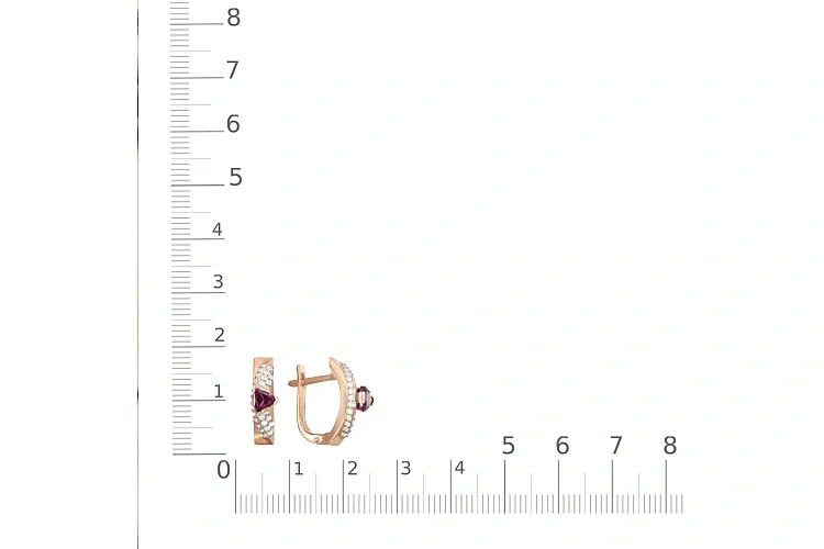 Серьги из красного золота с 2 родолитами и 54 фианитами