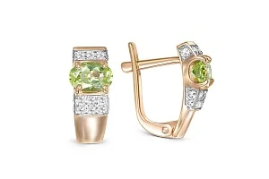 Серьги из красного золота с 2 хризолитами и 30 фианитами