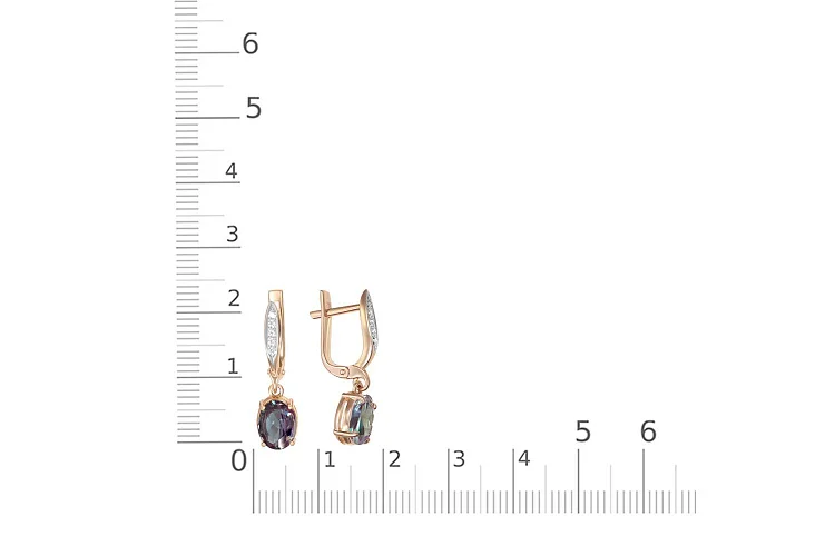 Серьги из красного золота с 2 александритами и 10 фианитами