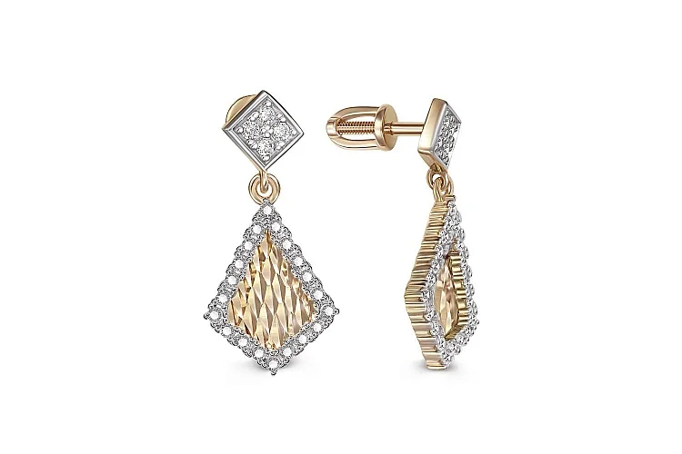 Серьги-пусеты из жёлтого золота с 48 фианитами