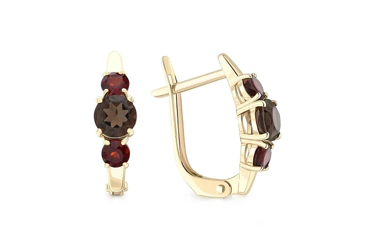 Серьги из жёлтого золота с 2 раухтопазами и 4 гранатами