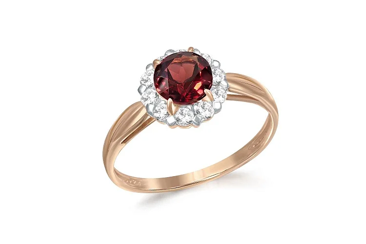 Кольцо из красного золота с гранатом и 10 фианитами