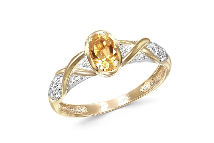 Кольцо из жёлтого золота с цитрином и 20 фианитами