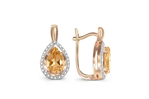 Серьги из красного золота с 2 цитринами и 52 фианитами