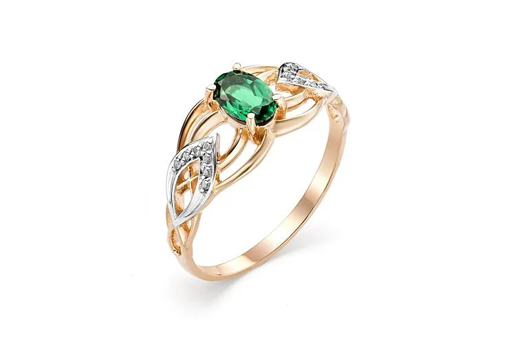 Кольцо из красного золота с изумрудом и 14 бриллиантами