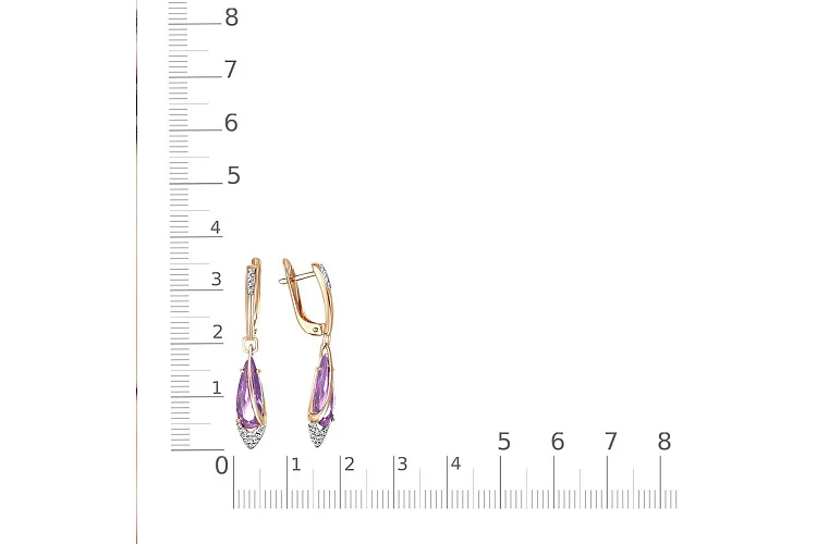 Серьги из красного золота с 2 аметистами и 32 фианитами