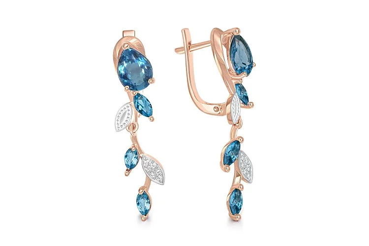 Серьги Веточки из красного золота с 2 топазами лондон и 18 фианитами