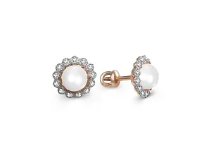 Серьги-пусеты Цветы из красного золота с 2 жемчужинами и 26 фианитами