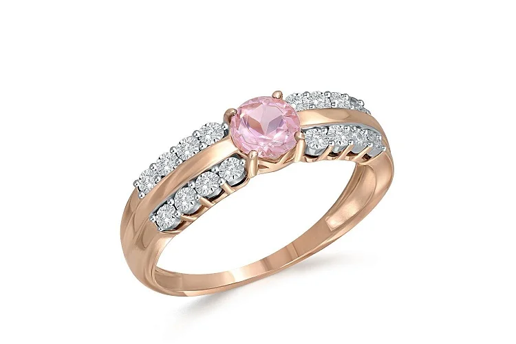 Кольцо из красного золота с ситаллом и 16 фианитами