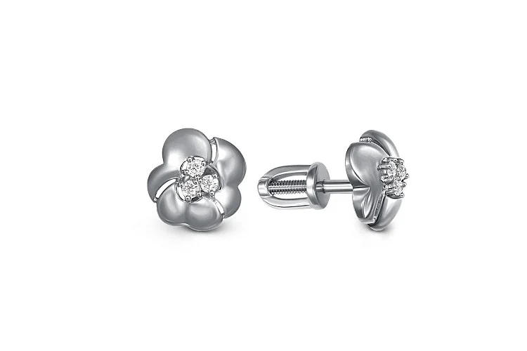 Серьги-пусеты Цветы из белого золота с 6 фианитами