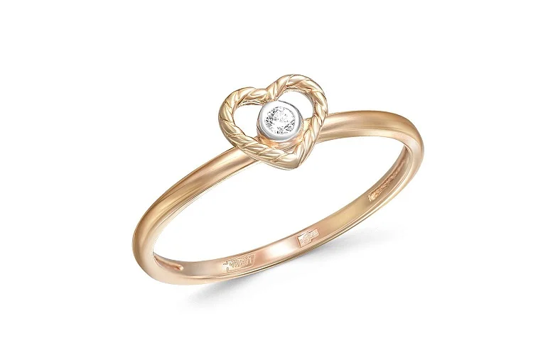 Кольцо Сердце из красного золота с фианитом