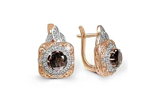 Серьги из красного золота с 2 раухтопазами и 56 фианитами