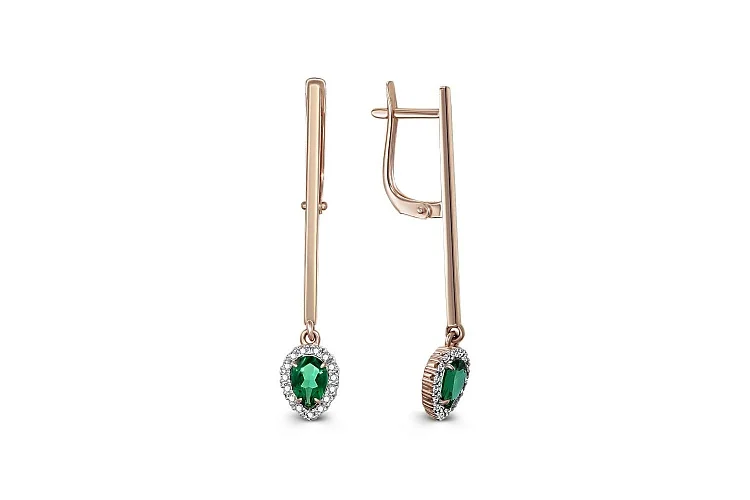Серьги из красного золота с 2 изумрудами и 30 топазами бесцветными