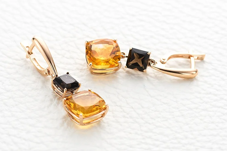 Серьги из красного золота с 2 цитринами и 2 раухтопазами