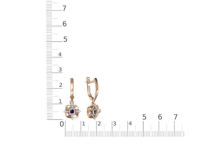 Серьги из красного золота с 2 корундами и 8 фианитами