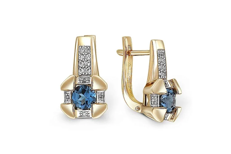 Серьги из жёлтого золота с 2 топазами лондон и 24 фианитами