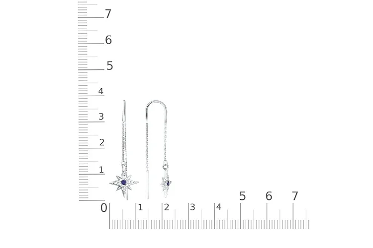Серьги-продёвки Звезды из белого золота с 2 корундами и 16 фианитами