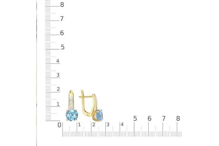 Серьги из жёлтого золота с 2 топазами sky и 8 фианитами