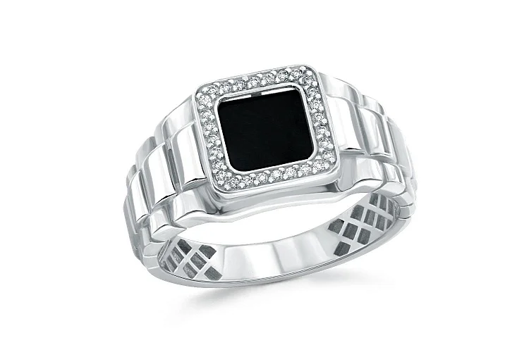 Печатка из белого золота с ониксом и 28 фианитами