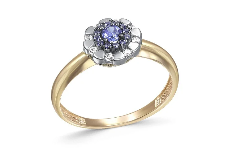 Кольцо Цветок из жёлтого золота с 21 фианитами