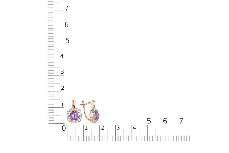 Серьги из красного золота с 2 аметистами и 48 фианитами
