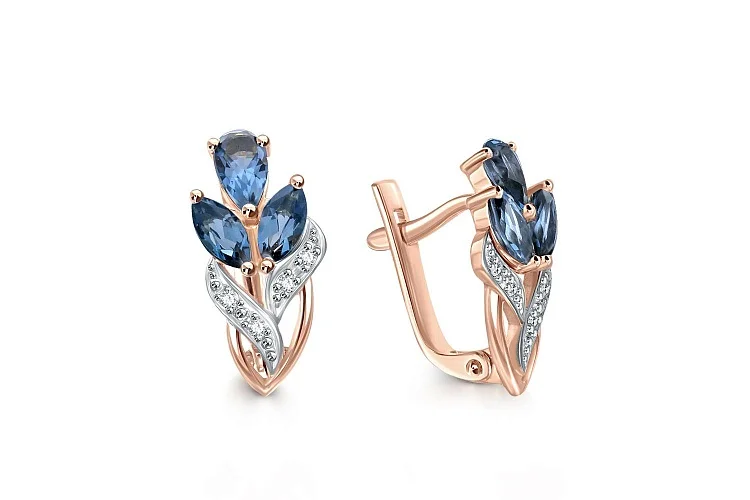 Серьги Цветы из красного золота с 6 топазами лондон и 8 фианитами