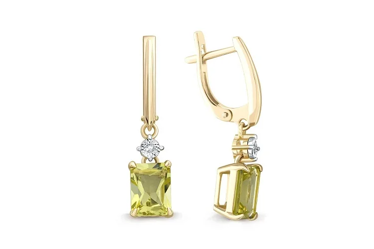 Серьги из жёлтого золота с 2 кварцами и 2 бриллиантами