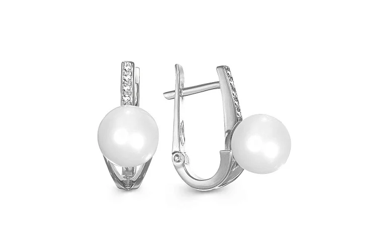 Серьги из белого золота с 2 жемчужинами и 10 бриллиантами