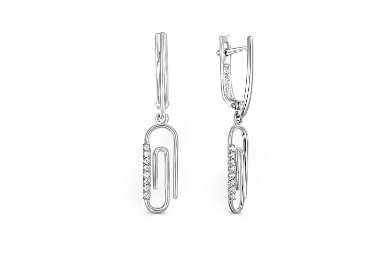 Серьги Скрепки из белого золота с 16 фианитами