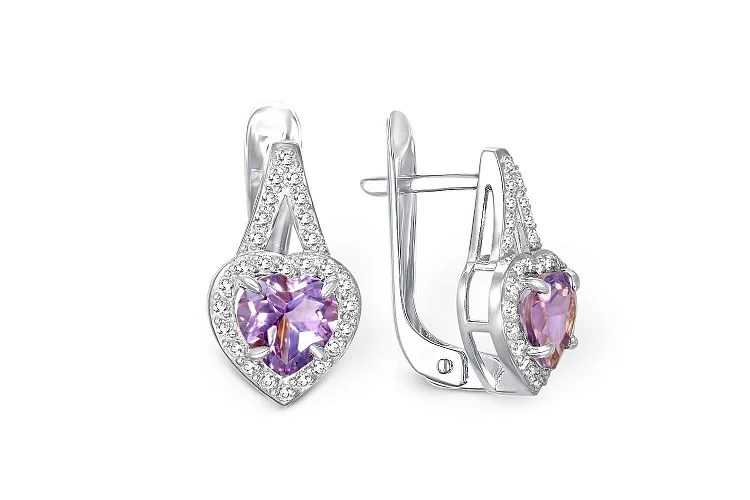 Серьги Сердца из белого золота с 2 аметистами и 54 фианитами