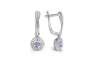 Серьги из белого золота с 2 танзанитами и 34 фианитами