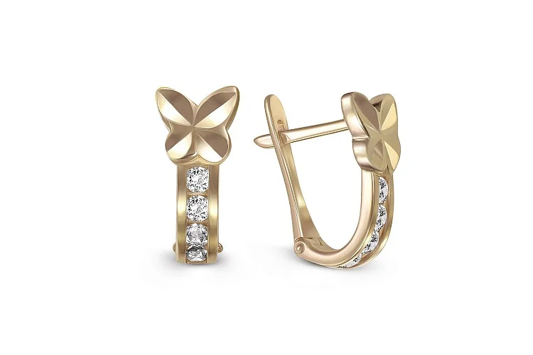 Детские серьги Бабочки из жёлтого золота с 8 фианитами