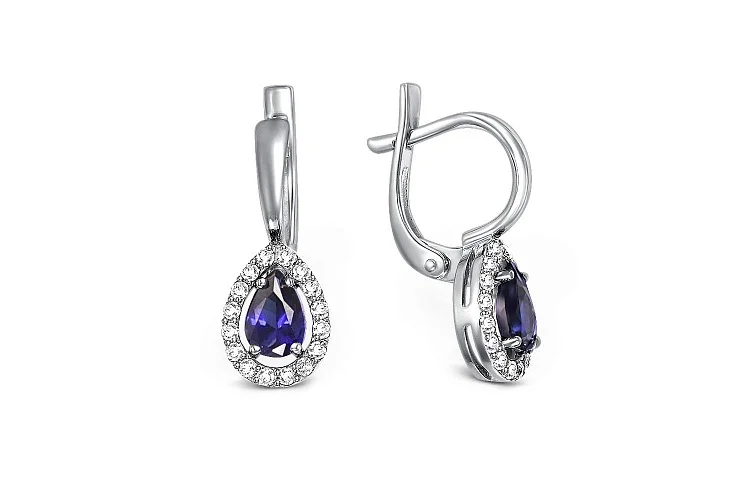 Серьги из белого золота с 2 корундами и 32 бриллиантами