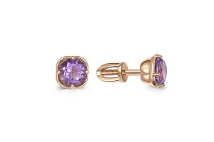 Серьги-пусеты из красного золота с 2 аметистами