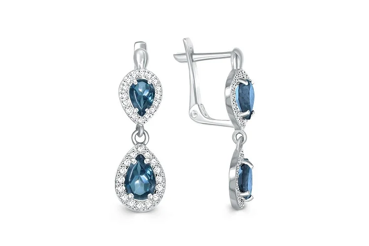 Серьги из белого золота с 4 топазами лондон и 64 фианитами