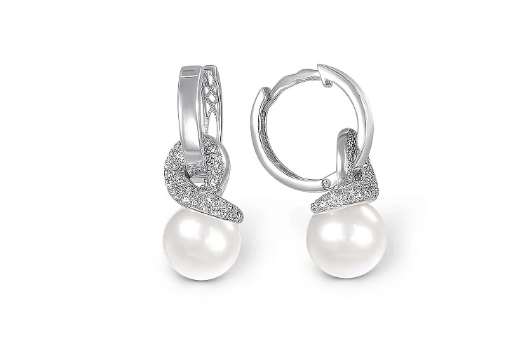 Серьги-трансформеры из белого золота с 2 жемчужинами и 86 фианитами