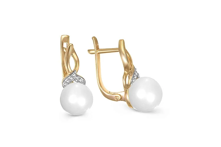 Серьги из жёлтого золота с 2 жемчужинами и 14 бриллиантами